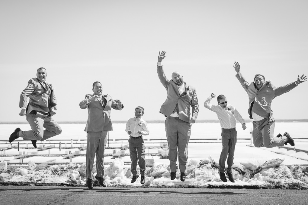 happy groom and groomsmen at Harbor View Event Center