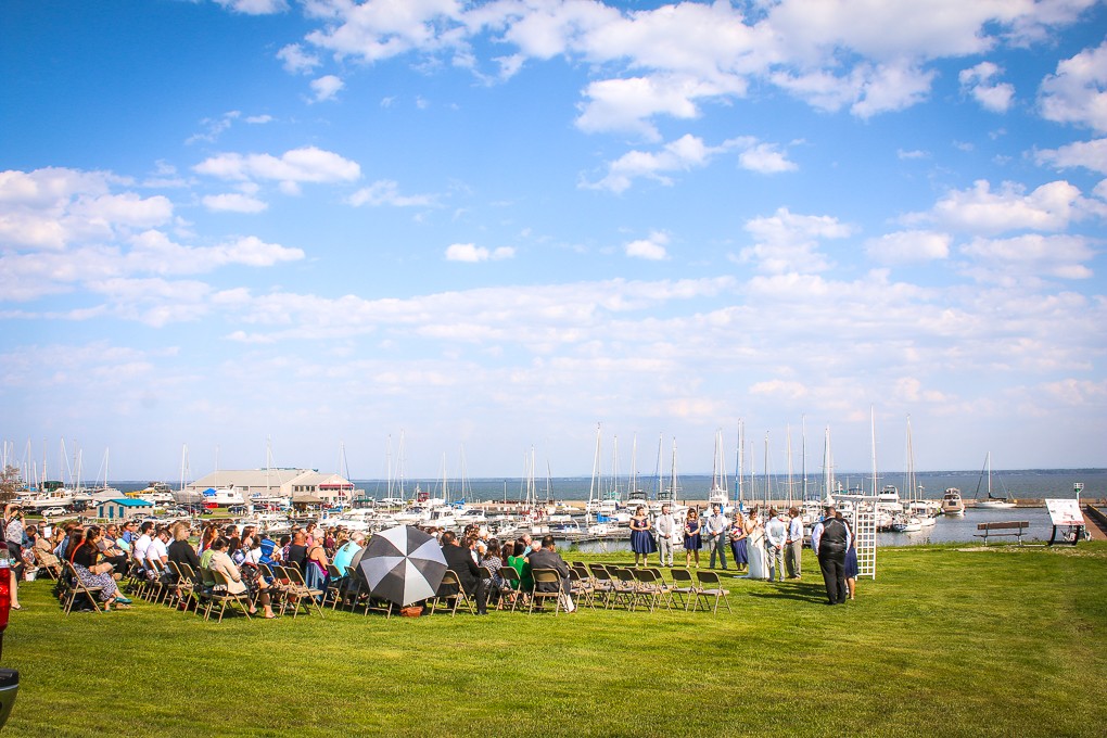 wedding ceremony on the lawn of Harbor View